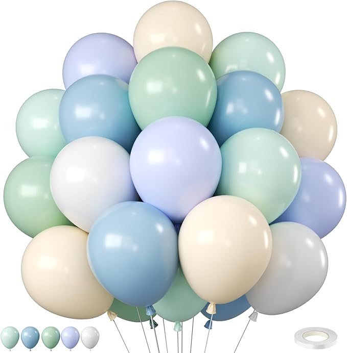 Blue and Green Balloons, 12 Inch Dusty Green Blue Sand White Pastel Sage Cream Balloon for Baby Shower Bridal Shower Wedding Boho Birthday Party Decorations