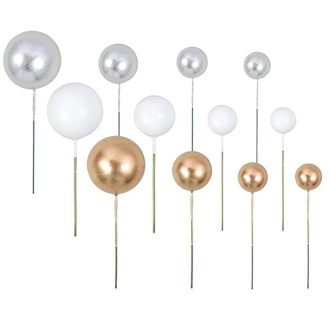Gyufise 30Pcs Balls Cake Topper Foam Ball Cake Picks Mini Balloon DIY Cake Insert Topper Decoration for Baby Shower Wedding Anniversary Kids Birthday Party Cake Decorations Gold Silver White