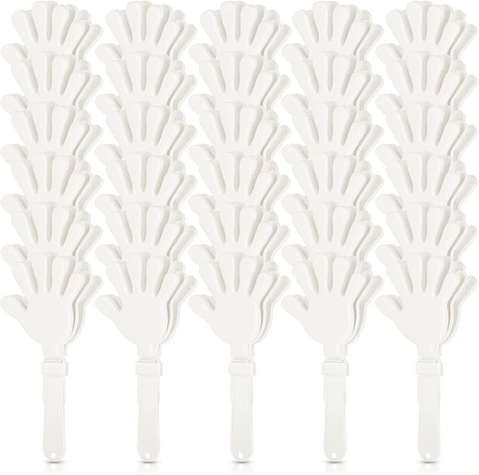 BBTO 30 Pcs Hand Clappers Noisemakers 7.5 Inch Plastic Party Clappers for Fiesta Birthday Party Supplies Carnival Prize Football Sport Accessories Favor(White)