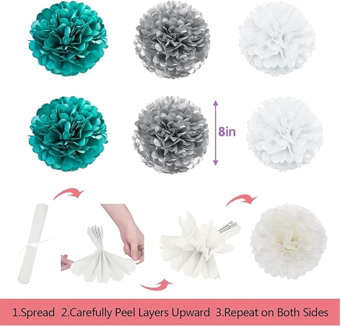 Teal Blue and Silver Birthday Party Decorations, Happy Birthday Banner Turquoise Aqua Teal Foil Fringe Curtain Tissue Pom Poms Balloons Décor Supplies for Men Women Boys Girls Birthday Party