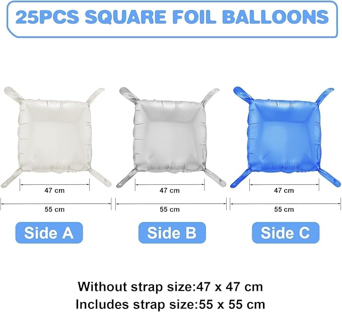Blue Silver White Square Foil Balloon Wall,25Pcs Double Sided Foil Balloons Backdrop Helium Polyester Tunnel Arch Garland Kit for Birthday Bridal Anniversary Baby Shower Party Decorations