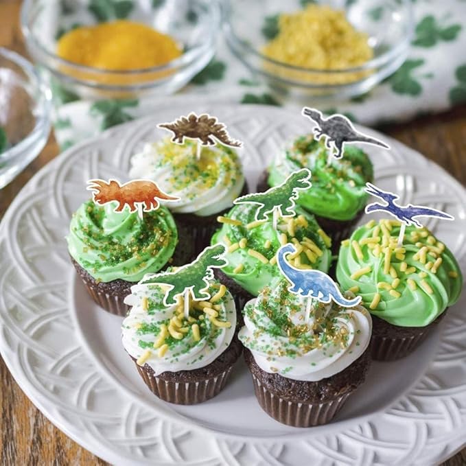 WERNNSAI 36 PCS Dinosaur Cake Toppers - Dinosaur Birthday Decorations Dino Cupcake Toppers Watercolor Happy Birthday Cupcake Topper Dino Cake Decorations