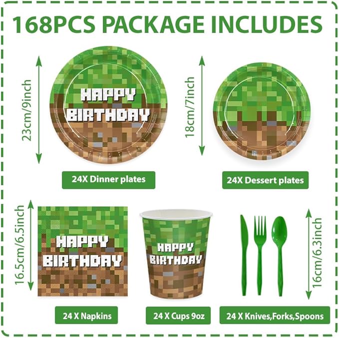 168pcs Green Birthday Party Decorations Green Plates Napkins Party Supplies Disposable Paper Cups Tableware Set for Boys Kid Teen Birthday Decor Serves 24