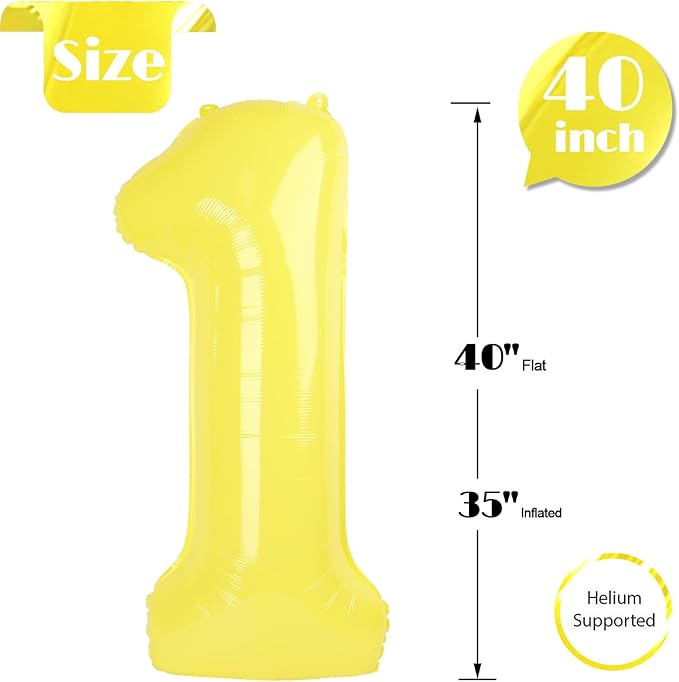 40 Inch Yellow 1 Balloon for First Birthday, 1st Number Balloons Birthday Decorations for Girl Kids Toddler Baby, One Giant Number 1 Balloon