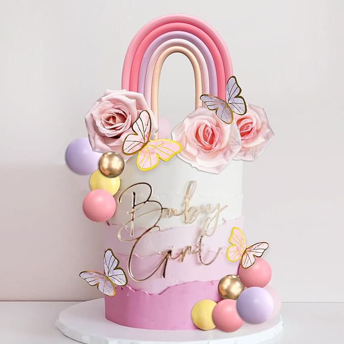 52Pcs Rainbow Cake Topper Butterflies Cake Decorations with Colorful Balls Flower Cake Toppers for Women Girls Kids Birthday Baby Shower Wedding Rainbow Flower Butterfly Themed Party Supplies