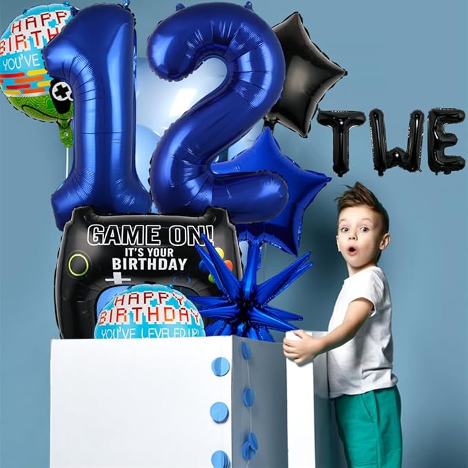 15pcs Video Game Themed Party Decorations, Number 12th Boys Birthday Party Supplies, Navy Blue Video Game Controller Mylar Foil Balloon, Video Game Party Decoration Supplies