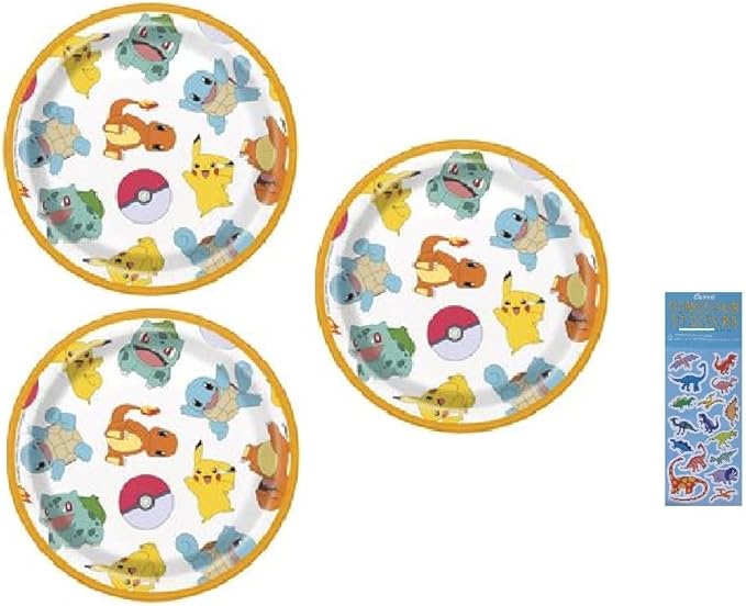 Unique Pokemon Birthday Party Supplies Bundle Pack includes 24 Dessert Cake Paper Plates 7" and 1 Dinosaur Sticker Sheet