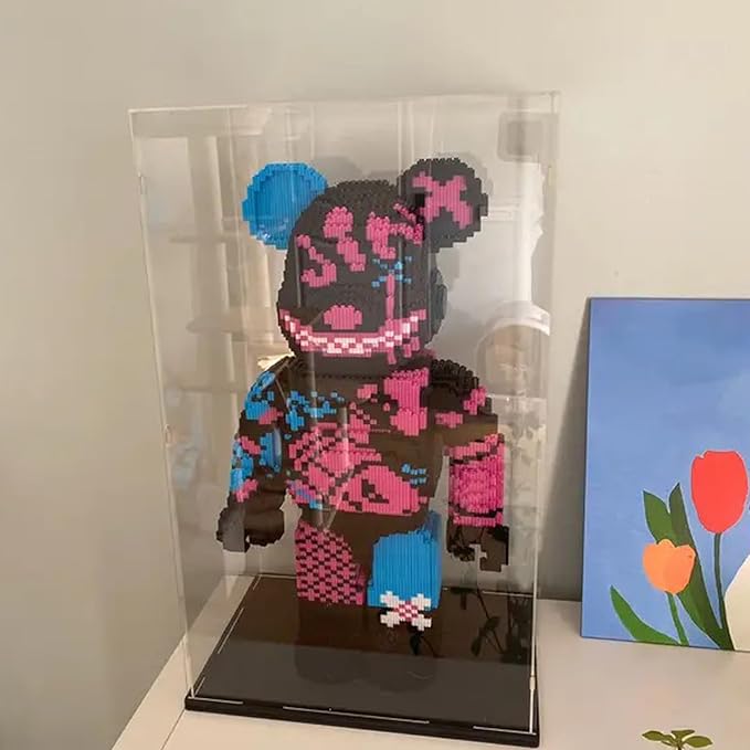 Thickened Clear Acrylic Display Case for Lego 21042 Statue of Liberty Collectibles, Self-Assembly Transparent Box Protection with Wood-Plastic Base & String Light, Black Inside 7.9x7.9x19.7 inch