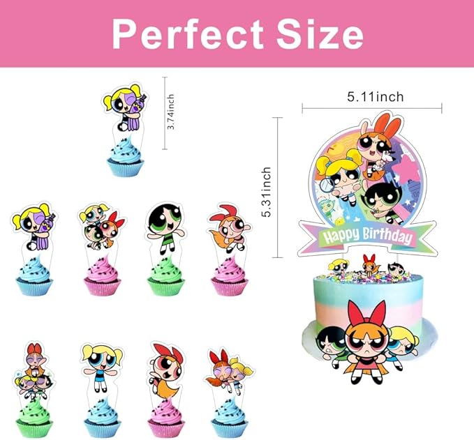 25Pcs Power Girls Cake Decorations with 24pcs Cupcake Toppers, 1pcs Cake Topper for Girls Birthday Party Supplies