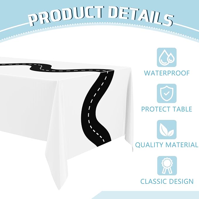 Irenare 3 Pcs Racing Table Cloths Car Birthday Party Supplies 54 x 108 Inch Racetrack Table Runner Covers Disposable Rectangular Road Tablecloth for Kids Boy Car Theme Birthday Party Decor (White)