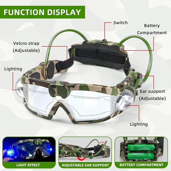 sportsvoutdoors Kids Night Vision Goggles - Adjustable Spy Gear Kids Goggles Toy with LED Light Beams, Cool Glasses for 6-12 Boys Girls Role Play in The Dark