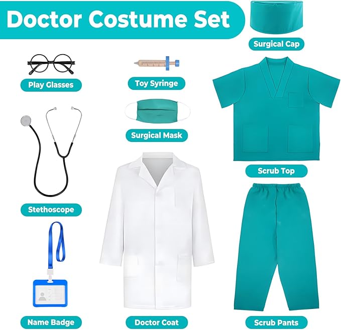 MGparty Doctor Costumes for Kids Halloween Cosplay Dress Up Accessories for Boys Girls Ages 3-10