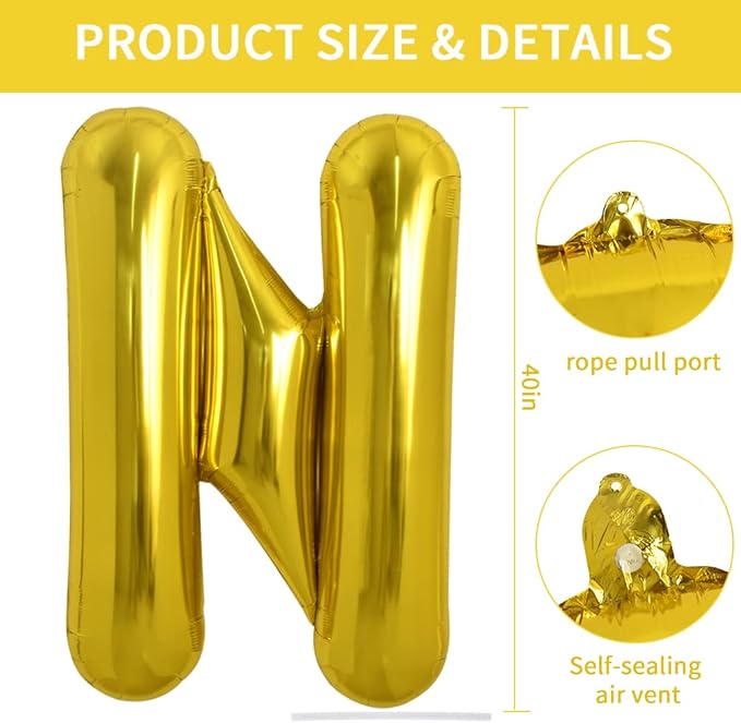 TONIFUL 40 Inch Large Gold Letter N Balloons, Foil Mylar Big Balloons for Birthday Party Anniversary Supplies Decorations