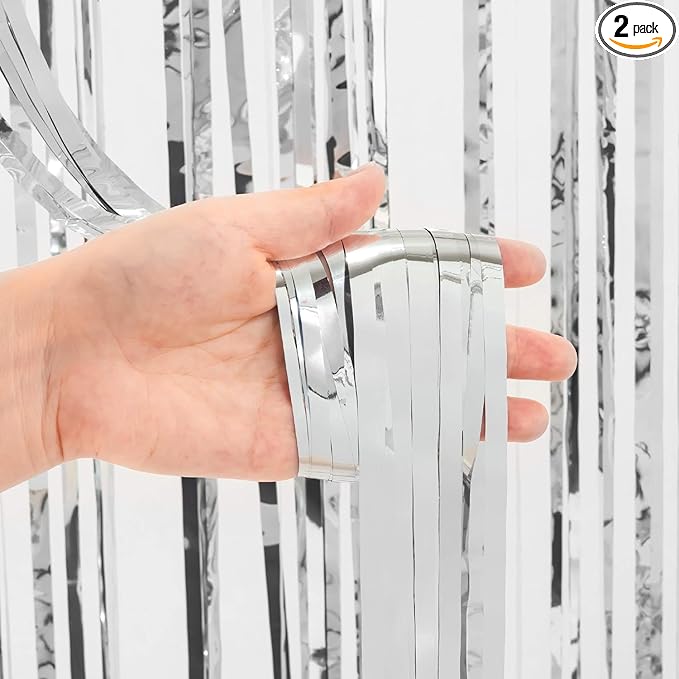 Foil Fringe Curtain Christmas Party Decorations - Silver Metallic Tinsel Photo Booth Backdrop Party Steamers Curtains for Valentines Day/25th Birthday/Anniversary/Bachelorette/Engagement Decorations