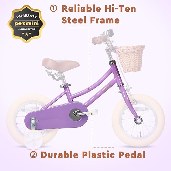 Petimini Vintage Kids Bike for Girls, 12–20 Inch Classic Bicycle with Wicker Basket & Bell, High Tensile Steel Frame, Training Wheels (12–18”), 85% Pre-Assembled, Retro Bike for Outdoor Riding