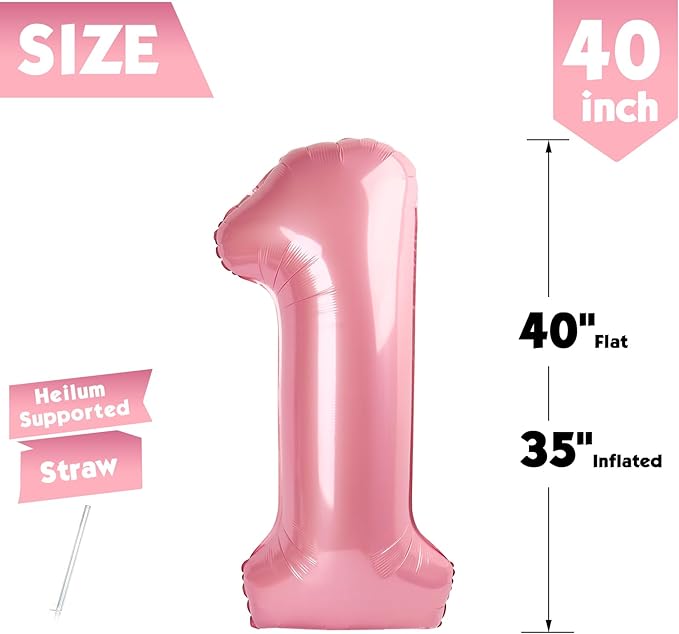 40 Inch Pearlescent Pink Number 1 Balloon, Giant Number 1 Balloons for 11th 12th 21st Birthday Decorations, Party Supplies for Baby Boy Girl, Pearlescent Pink Party Decor