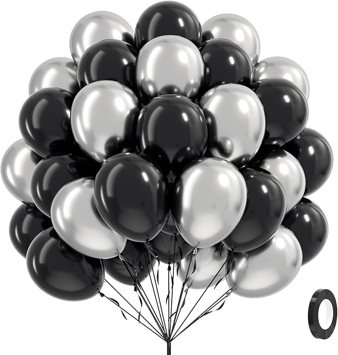 Black and Silver Balloons, 60pcs 12inch Black Metallic Silver Balloons for Graduation 2025 Birthday Party Decorations