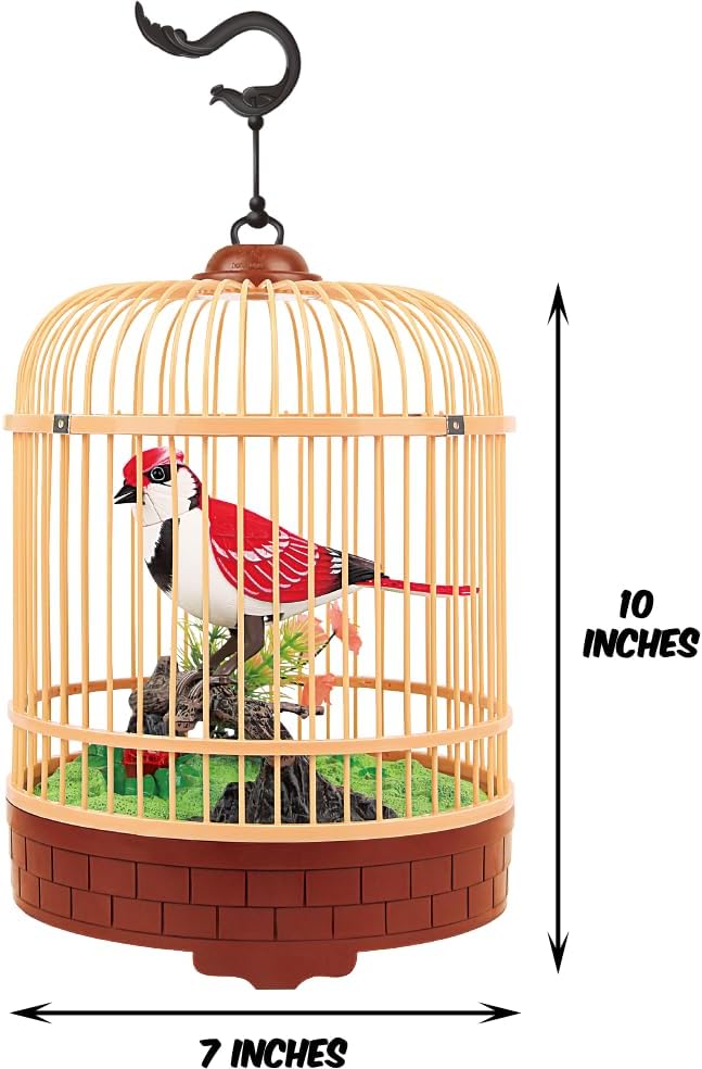 PowerTRC Singing & Chirping Bird in Cage, Realistic Sounds & Movements, Sound Activated, Battery Operated, Great Desk and Room Accessory, Pet Caged Bird Toy (10” x 7”)