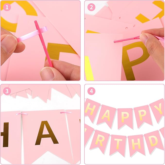 Pink Gold Happy Birthday Banner, Happy Birthday Decorations Hanging Birthday Sign Circle Dot Triangle Bunting for Women Men Girl Boy Party Supplies