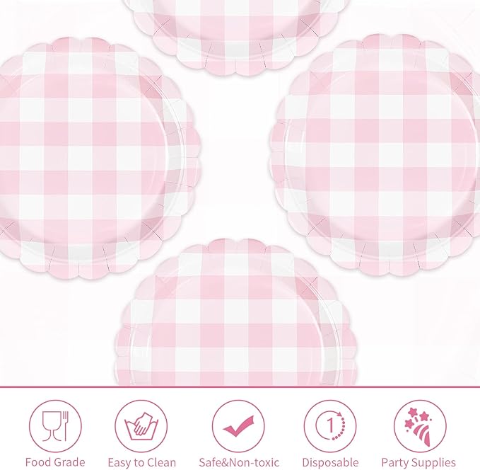 50Pcs Pink Gingham Paper Plates 9Inch Heavy Duty Pink White Scalloped Plaid Disposable Dessert Plates Checkered Party Decorations for Kids Baby Shower BBQ Birthday Bride Wedding Party Supplies