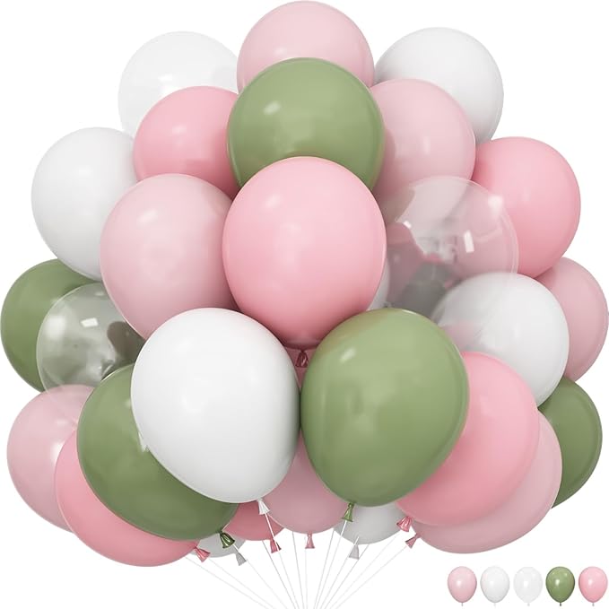 Dusty Pink Green White Balloons for Fairy Birthday Party Decorations 60PCS 12INCH Light Pink Sage Olive Green Clear Helium Latex Balloons for Arch Woodland Decor Butterfy Wildflower Baby Shower
