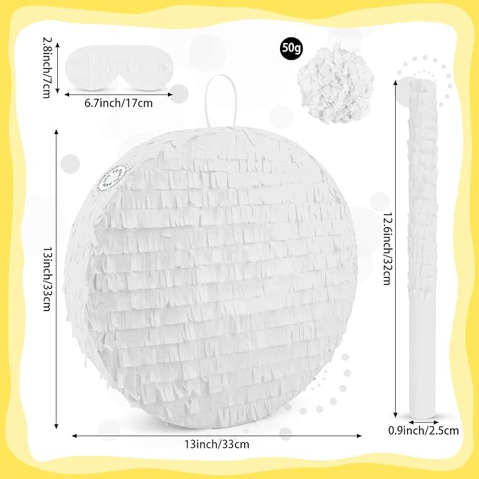 White Round Pinata with Stick Blindfold and Confetti DIY Blank Pinata for Adults Kids Birthday Party Supplies Carnivals Thanksgiving Decorations
