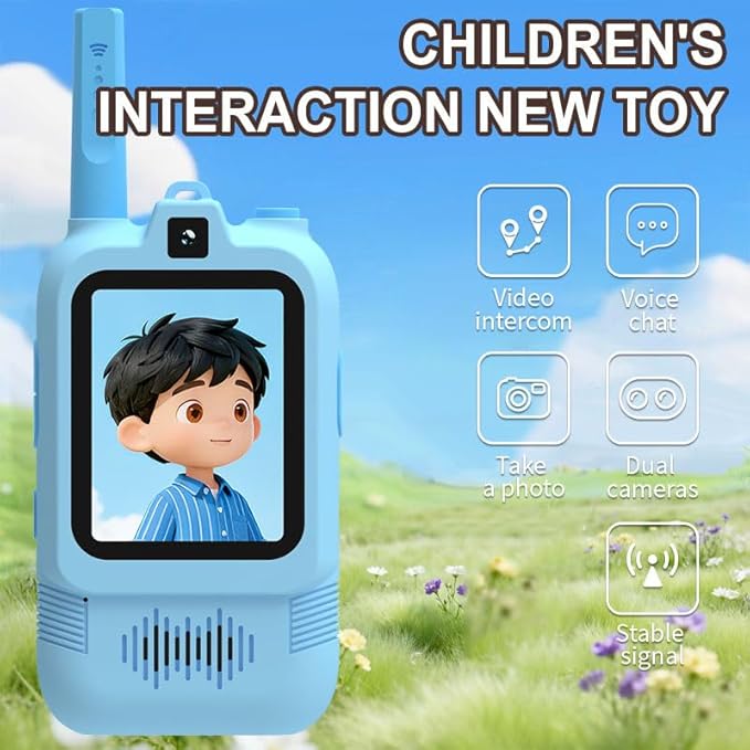 Video Walkie Talkies for Kids 2 Pack with Dual Camera, 2.0” Screen, Voice Chat & Photo Capture – 150–500m Range, Fun Voice Effects, Auto Pairing, 650mAh Rechargeable Battery
