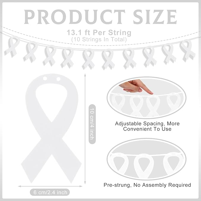 VitalCozy 10 Pcs Ribbon Awareness Banner 13.1 ft Ribbon Garland Cancer Awareness Decor Cancer Free Decorations for Society Events Groups Fundraisers Party Supplies (White)