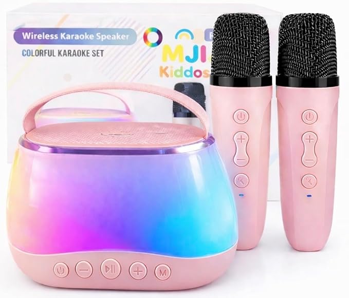 Kids Karaoke Machine with 2 Wireless Microphones, Bluetooth Speaker with Voice Changer & LED Lights, Portable Singing Toy Gift for Boys & Girls Ages 3–12