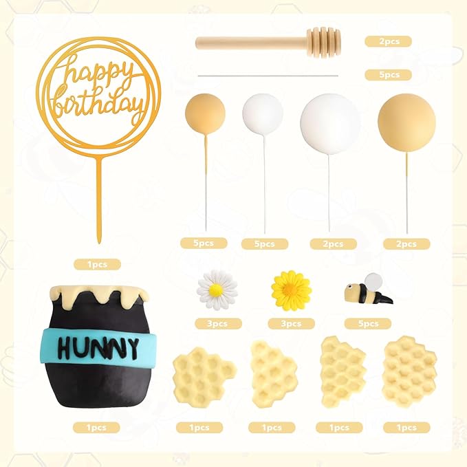 Hooqict 33 Pcs Bee Cake Decorations with Mini Honey Jar, Honeycomb, Honey Sticks, Bee Cake Toppers for Kids Boys Girls 1st 2nd 3rd Birthday Party Decorations Baby Shower