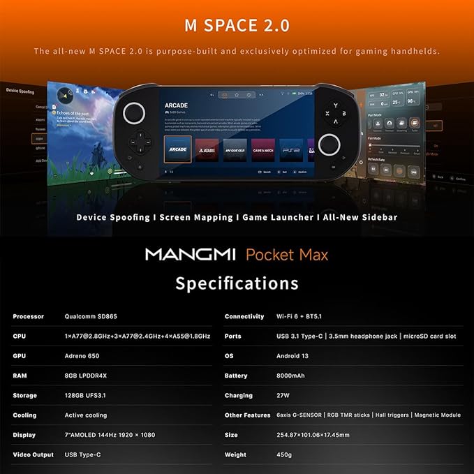 Mangmi Pocket Max Game Console,7 Inch OLED Android 13 System 8000mAh Battery Video Games Consoles,with DDR4+128G TF Card and Wireless Networt Console Casual Game Console RGB Joystick/6-Axis(Black)