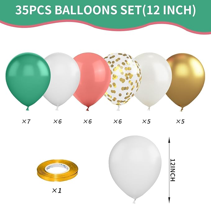 Sage Green Pink Balloons, 12 Inchs Retro Pink Green White Metallic Gold Balloons, Pastel Birthday Balloon for Girls' Birthdays Jungle Safari Baby Shower Wedding Party Decoration