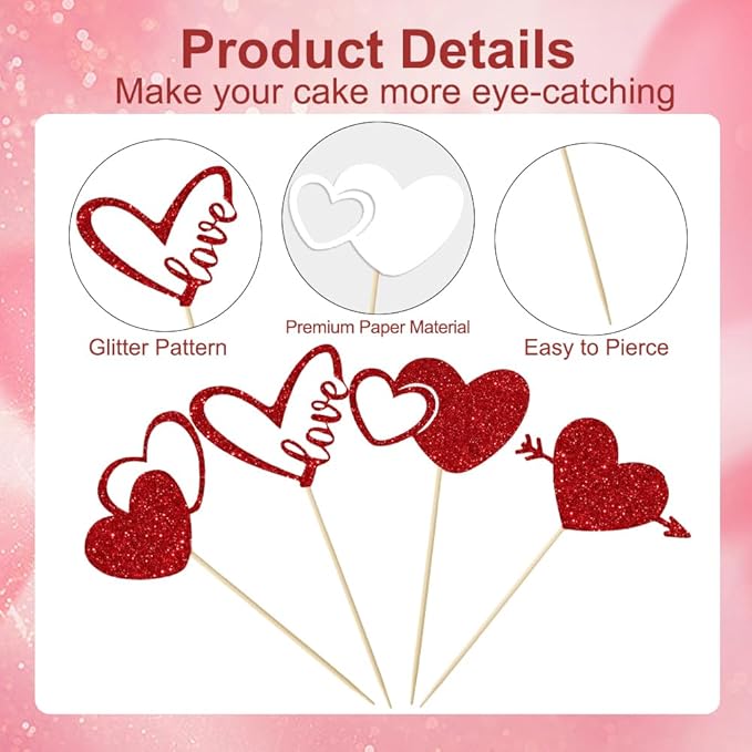 Valentines Cupcake Toppers, 24 PCS Glitter Red Heart Cupcake Picks, Valentines Cake Decorations Heart Love Food Picks Cupcakes Toppers for Valentine's Day Party Decorations Supplies