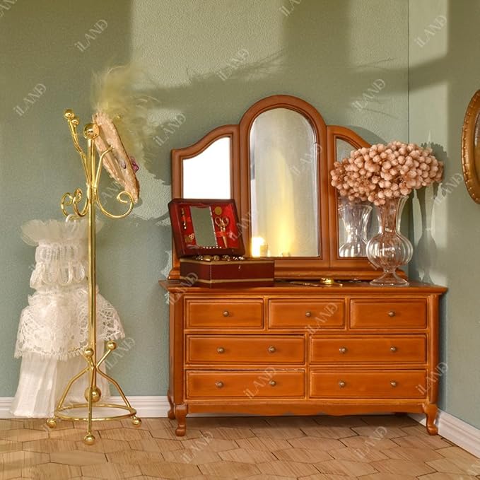 iLAND Dollhouse Furniture and Accessories on 1:12 Scale, Miniature Coat Rack & Full Mirror (Golden Color)