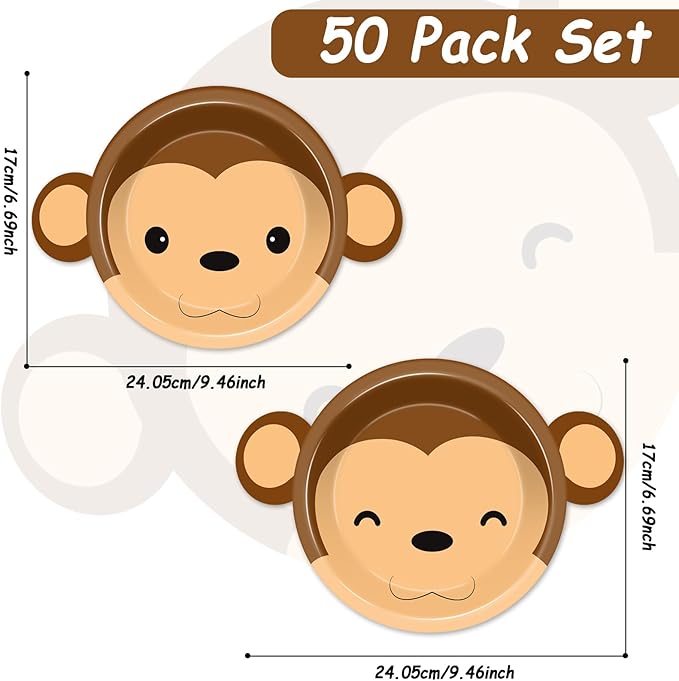 50 Count Monkey Paper Plates Zoo Monkey Shaped Disposable Party Supplies Jungle Safari Party Cake Dessert Plate Animals Theme Dinnerware for Gender Reveal Boy Girl Baby Shower Birthday Decorations