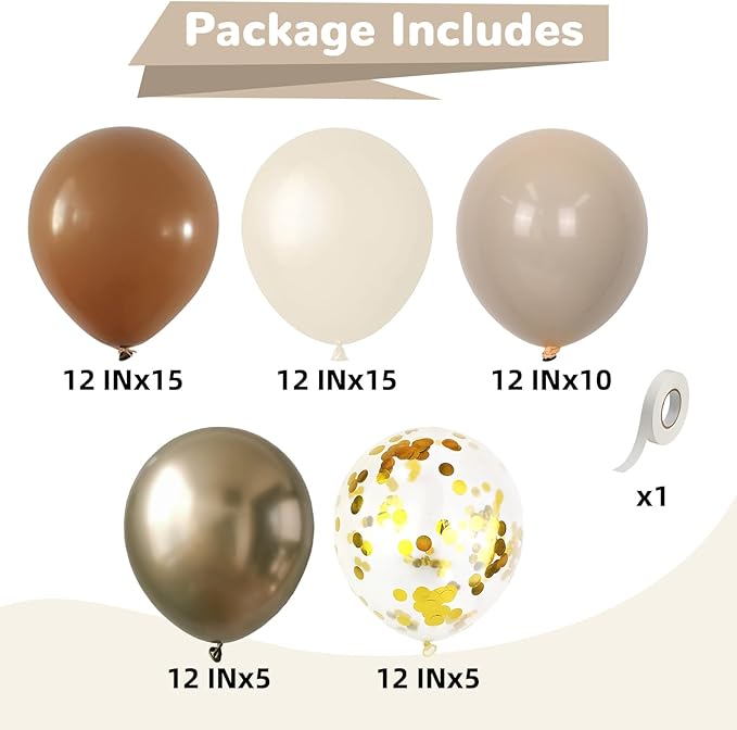 Brown and Gold Balloons 12 Inch Double Stuffed Dark Coffee Tan Cream Beige Sand Nude Neutral Latex Balloon Confetti Balloons for Boho Birthday Rodeo Thanksgiving Baby Bridal Shower Party Decor