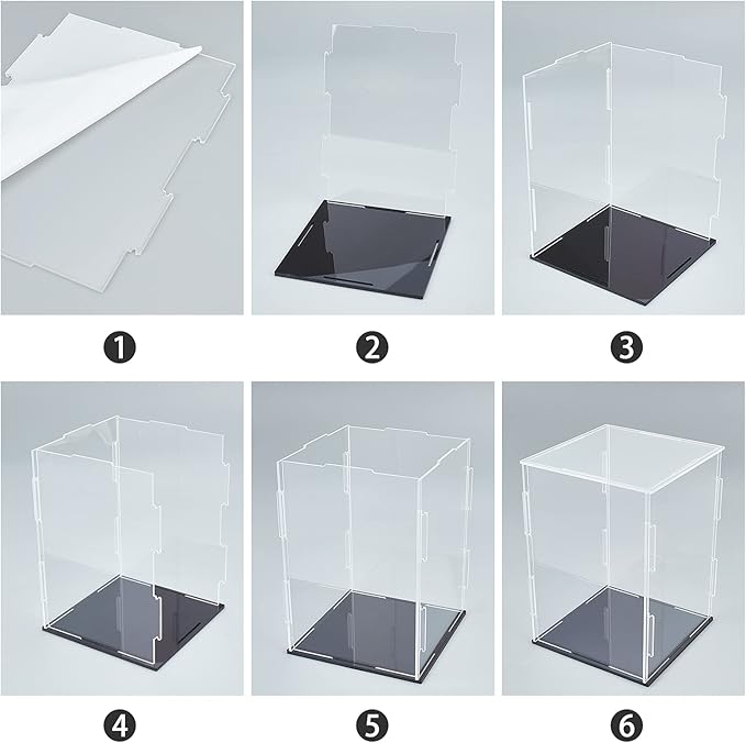 FINGERINSPIRE Acrylic Box with Black Stand and Rubber Band, 4x4x6 inch Cube Clear Acrylic Display Cases for Collectibles, Self-Assembly Dustproof Countertop Box for Toys and Collections