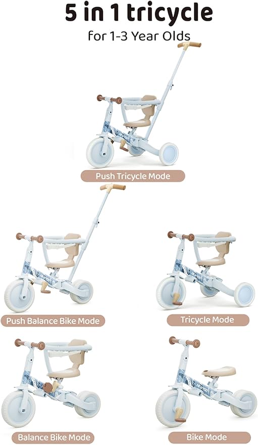 newyoo Lume TR008 Tricycle for Toddlers 1-3, 5-in-1 Push Trike with Parent Handle & Safety Guard, Convertible Balance Bike, Ideal Birthday, Coastal