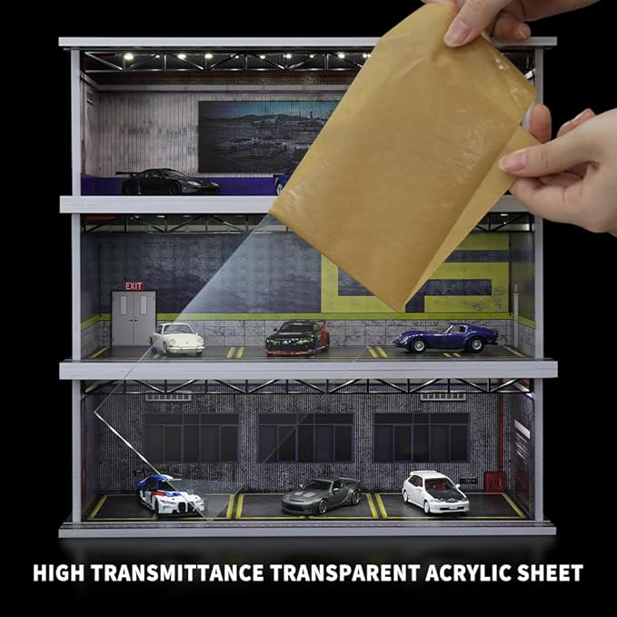 1/64 Scale Hot die-cast Wheels Model car scenarios Display case with LED Light and Acrylic Cover, Scenes Parking lot Diorama Storage Garage Box with 6 Parking Spaces (Factory)