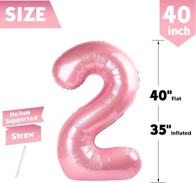40 Inch Pearlescent Pink Number 2 Balloon, Giant 2 Number Balloons for 2nd Birthday Decorations, Party Supplies for Baby Boy Girl, Pearlescent Pink Party Decor