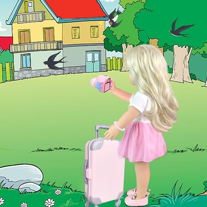 BNUZEIYI 17Pcs 18 Inch Girl Doll Clothes and Accessories Doll Accessories Travel Play Set with Travel Pillow Camera for 18 Inch Dolls Gift for Girls