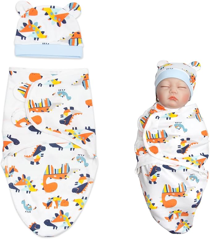 Reborn Baby Doll Clothes Swaddle Blanket Hat (Dinosaur Pattern) for 17-22 inch Reborn Boy Baby Doll Clothing Adjustable Receiving Blankets Gift