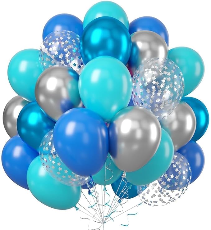 Blue Silver Balloon, 60 Pcs 12 Inches Teal Metallic Blue Silver Balloons Confetti Balloons for Kids Dancing Bachelorette Party Decorations Birthday Balloons Baby Shower Engagement Party Supplies