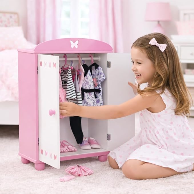 Emily Rose 18 Inch Doll Closed Door Clothes and Accessories Closet – Butterfly Furniture Collection – Fits 18” Dolls Like American Girl Our Generation Adora My Life As – Includes 5 Hangers – USA Brand