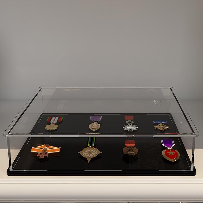 Acrylic Display Case for Collectibles, Books and Medals, Clear Display Box with Thick Base and Lid for Protection and Displaying, 14.5x11x4-inch