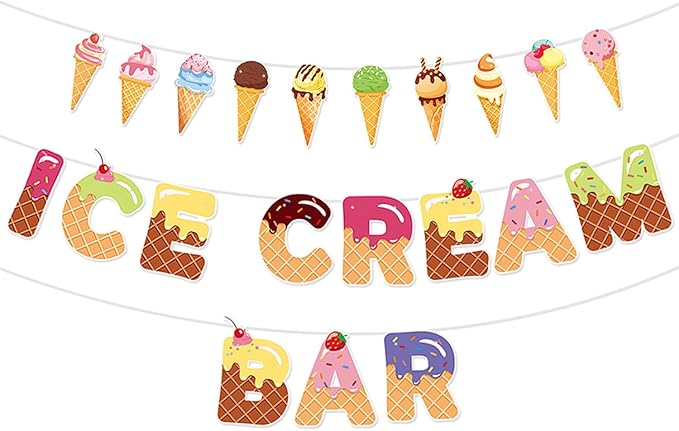 Ice Cream Bar Banner with Ice Cream Cone Garland, Summer Sweet Shop Themed Birthday Decorations, Colorful Garland Photo Prop for Kids Party, Dessert Table, and Theme Party Supplies