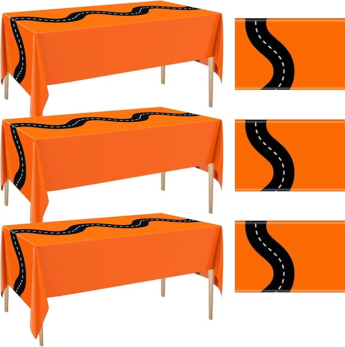 Irenare 3 Pcs Racing Table Cloths Car Birthday Party Supplies 54 x 108 Inch Racetrack Table Runner Covers Disposable Rectangular Road Tablecloth for Kids Boy Car Theme Party Decor (Orange)