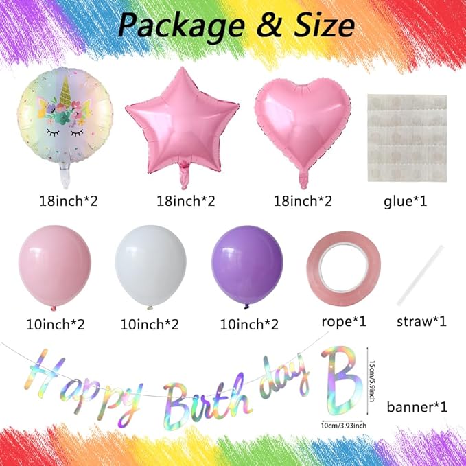 Unicorn 5th Birthday Party Decorations for Girl Purple Pink Theme Balloon Set, Large Rainbow Unicorn Helium Balloons with Heart and Star Baby Shower Kids Supplies (number 5 set)
