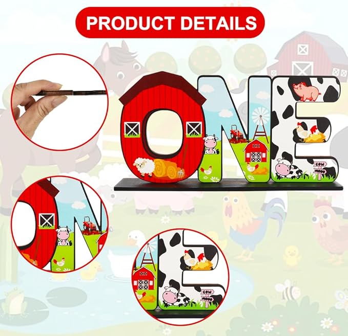 Farm Animal ONE Letter Sign Table Centerpieces for 1st Birthday Decorations,One Year Old Birthday Supplies Favors Baby Shower Party Photo Booth Props(2 Set)