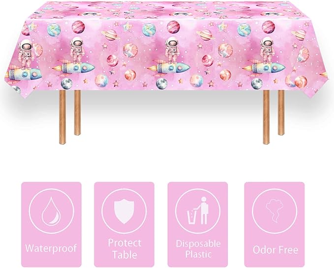 51 Pcs Outer Space Girls 2nd Birthday Party Supplies - Two The Moon Decorations & Tableware Includes Table Cloth, Plates, Napkins, Forks for Pink Space Two Years Old Party